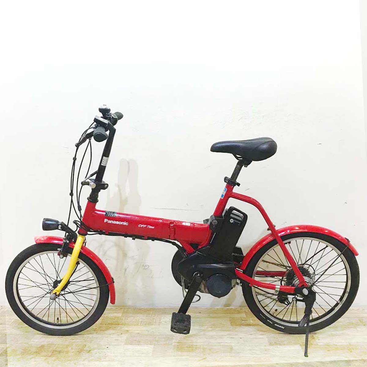 中古電動自転車 折りたたみ パナソニック オフタイム レッド×イエロー 前18×後20インチ KD085 
